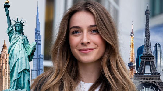Smiling Woman in City Iconic Buildings